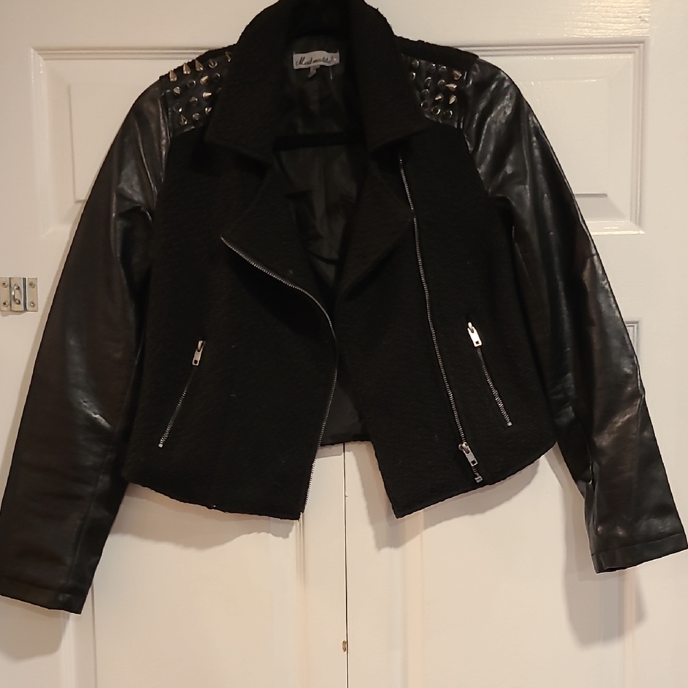 C. Luce Black Leather Jacket with Studded Shoulders